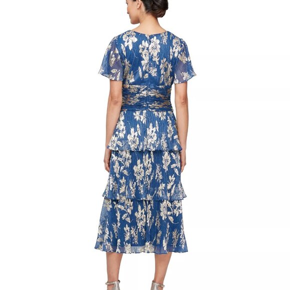 SL Fashions Women's Floral Surplice-Neck Tiered Dress Royal Gold Size 14 - Picture 2 of 3